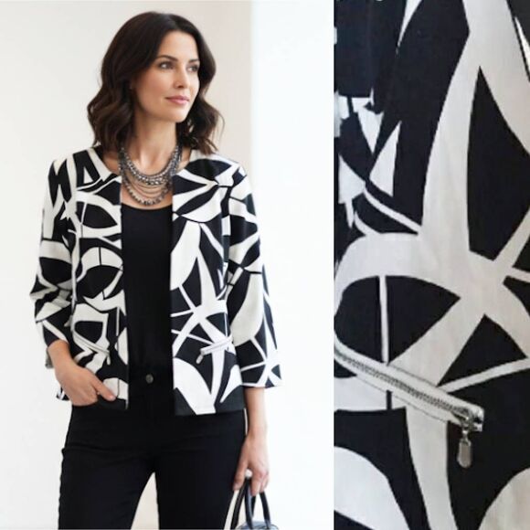 Chico's Black White Geo Print Open Front Quarter Sleeve Cotton Stretch Jacket L - Picture 4 of 13